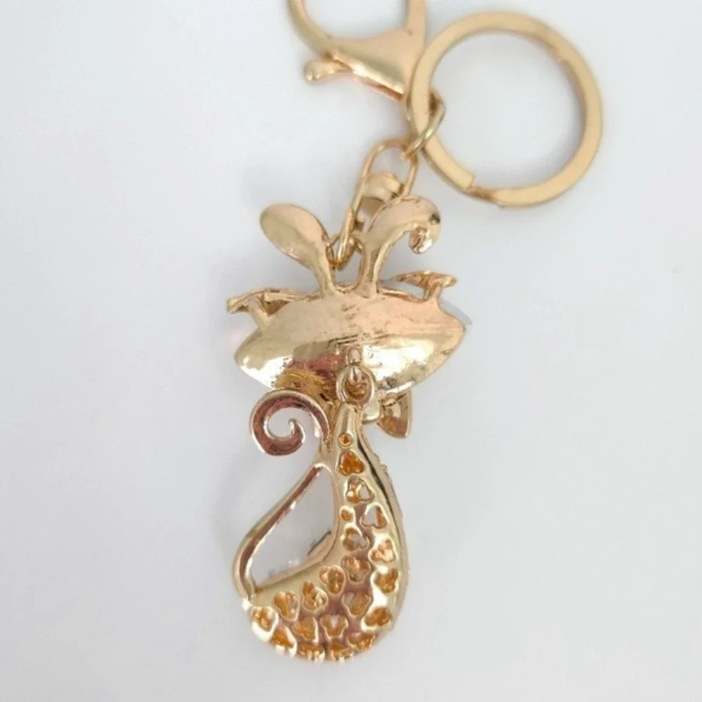 Cat with Glasses Gold & Rhinestone Whimsical Keychain /‎ Purse Charm